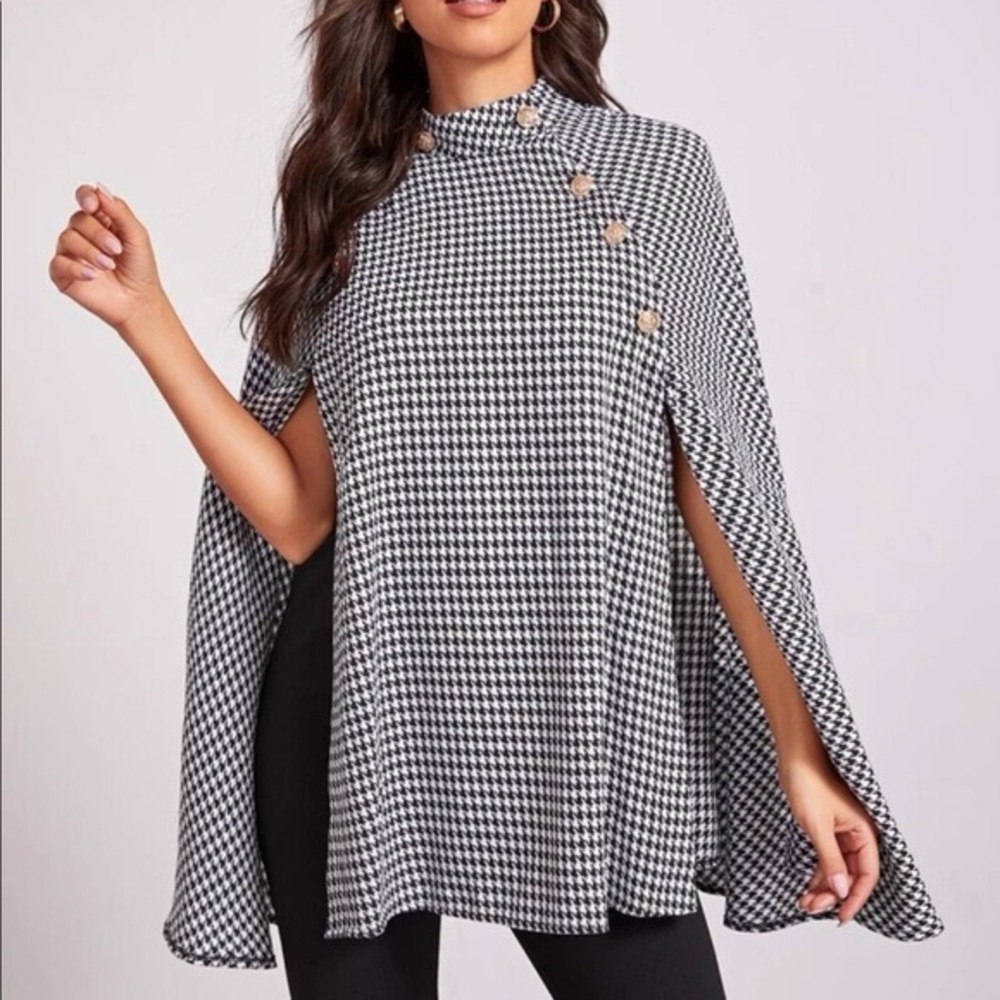 SHEIN-‎ Black and White Houndstooth Buttoned Cape Blouse Size XL
